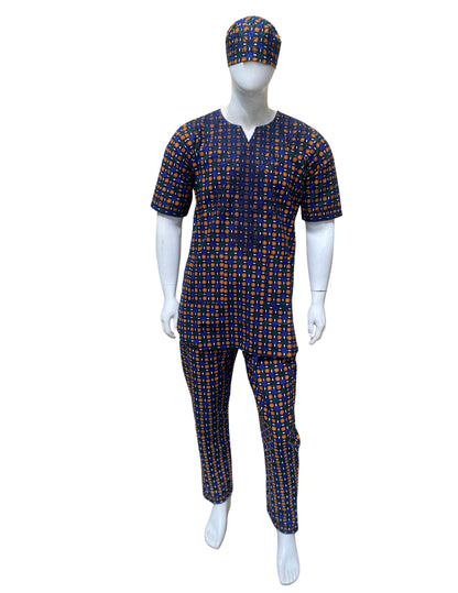 Men’s African Print 3-Piece Set – Embroidered Cotton Top, Pants &amp; Hat | Traditional Dashiki Outfit