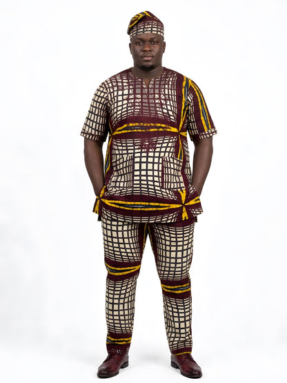 Men’s African Print 3-Piece Set – Embroidered Cotton Top, Pants &amp; Hat | Traditional Dashiki Outfit