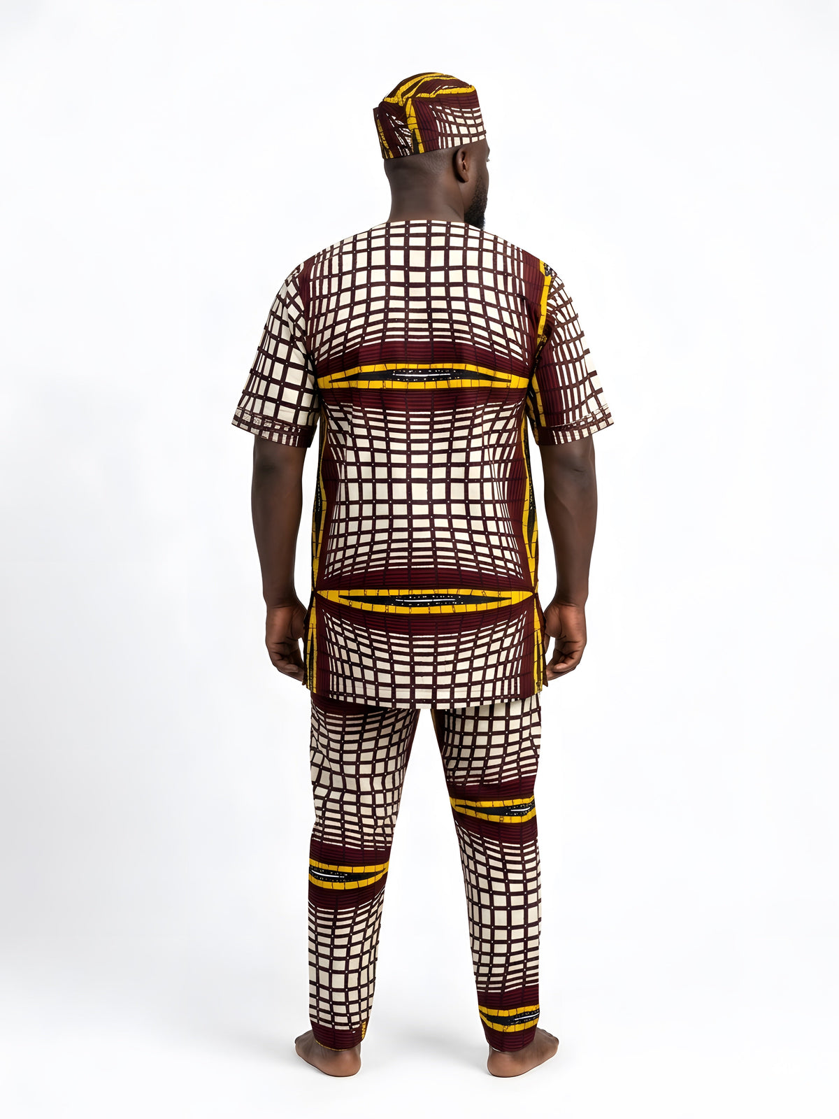Men’s African Print 3-Piece Set – Embroidered Cotton Top, Pants &amp; Hat | Traditional Dashiki Outfit