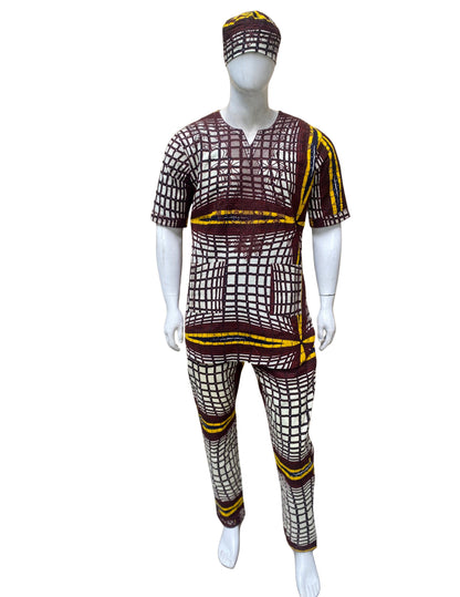 Men’s African Print 3-Piece Set – Embroidered Cotton Top, Pants &amp; Hat | Traditional Dashiki Outfit