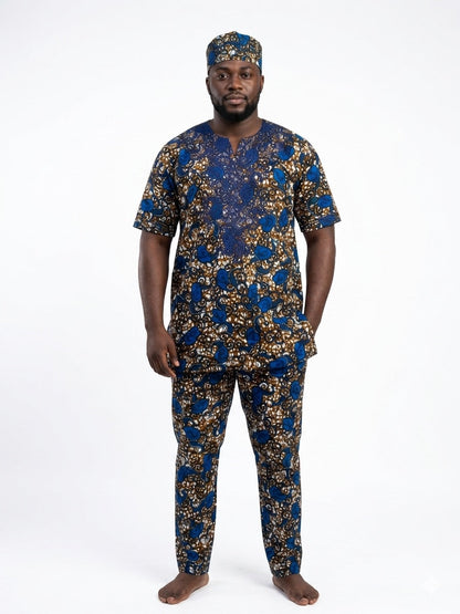 Men’s African Print 3-Piece Set – Embroidered Cotton Top, Pants &amp; Hat | Traditional Dashiki Outfit