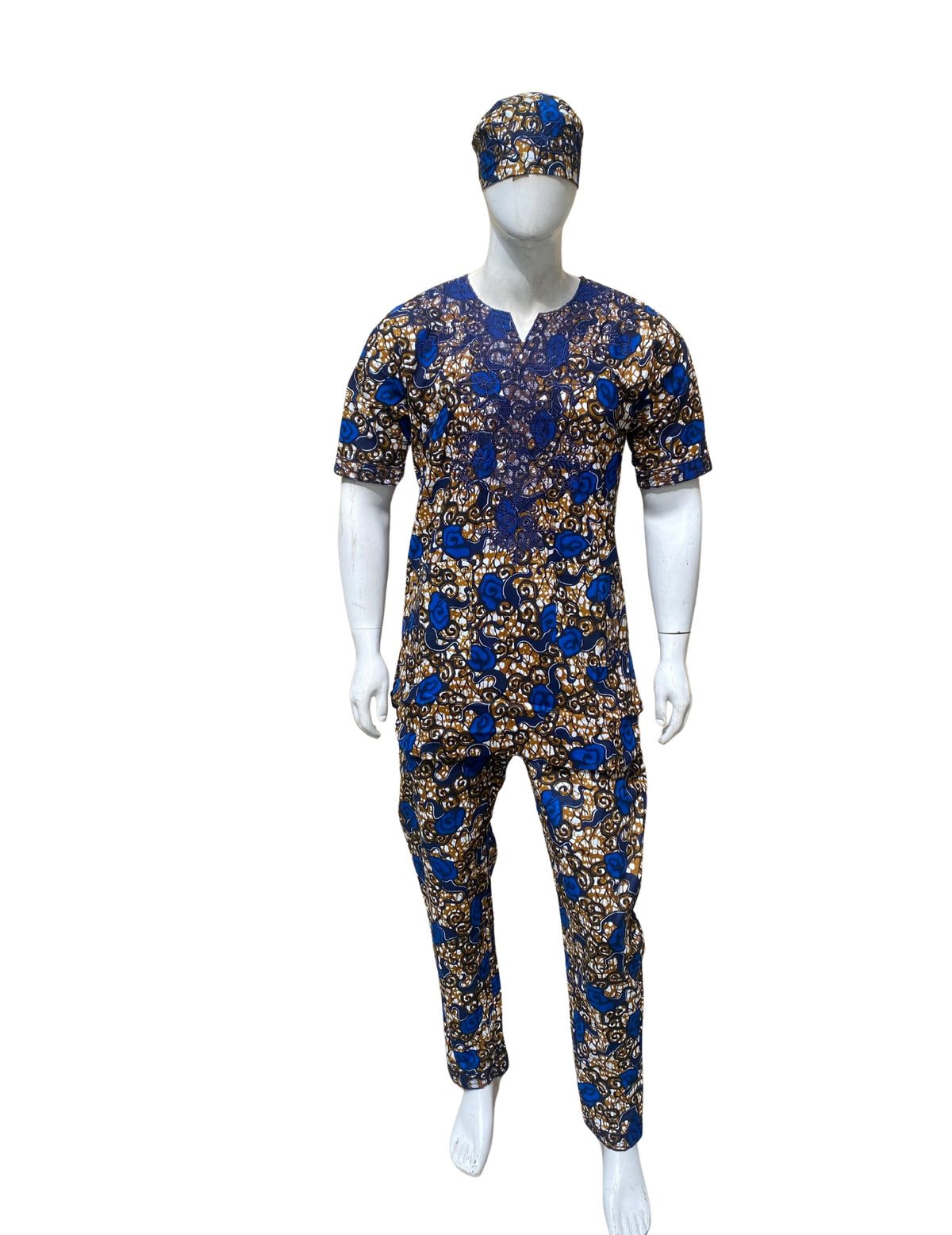 Men’s African Print 3-Piece Set – Embroidered Cotton Top, Pants &amp; Hat | Traditional Dashiki Outfit