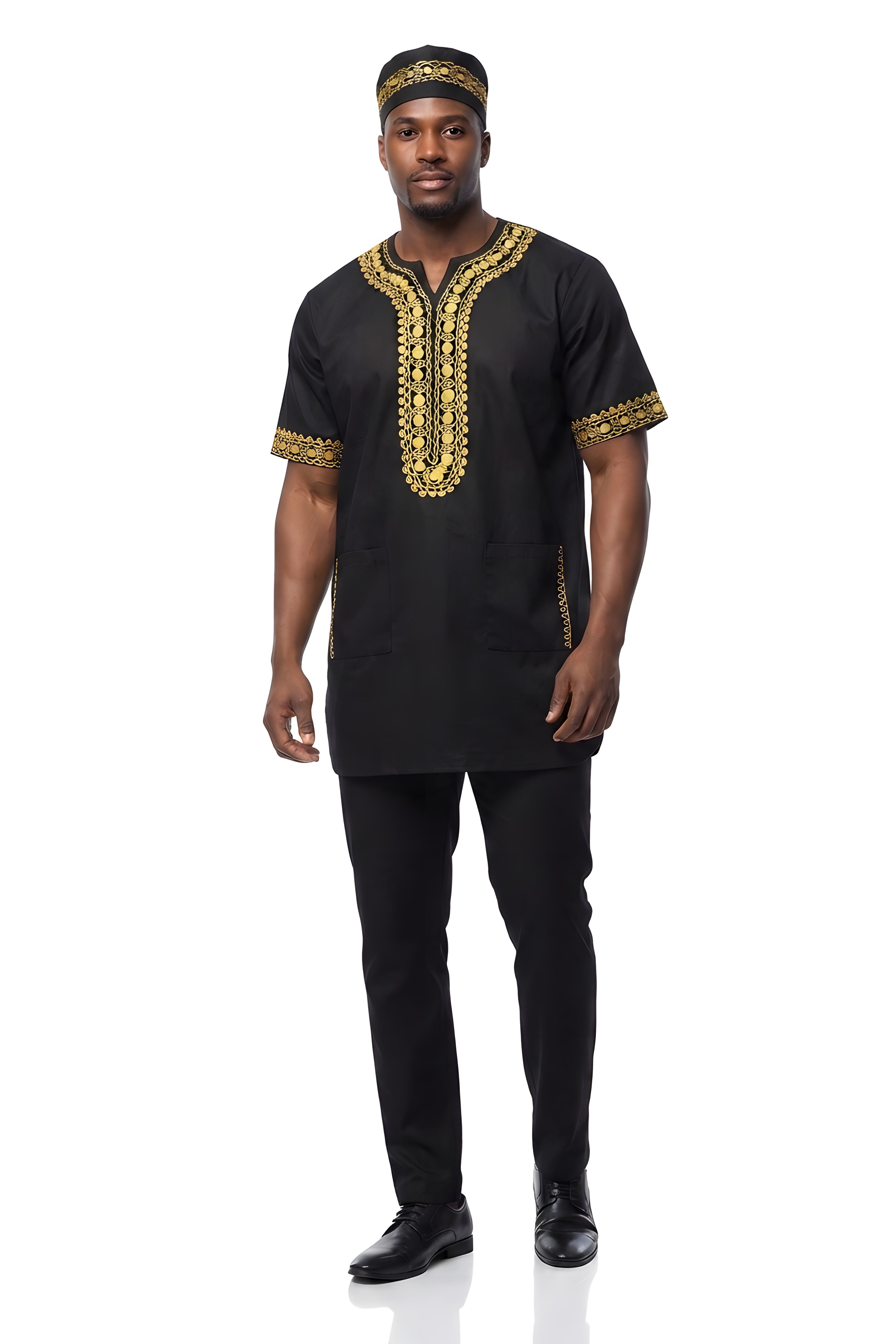 Men’s African Embroidered Top &amp; Pant Set w/ Hat – 2pc Outfit 5XL