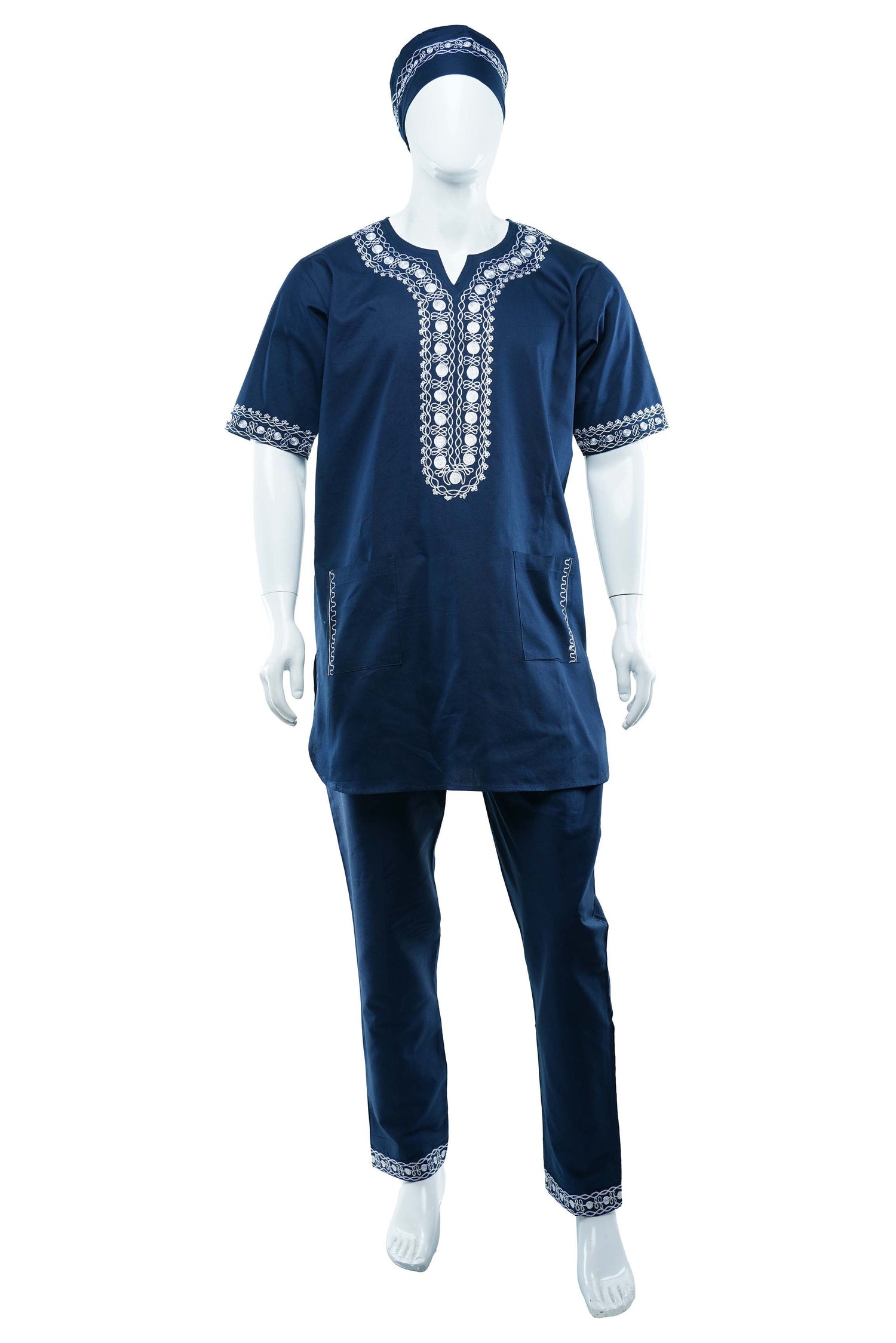 Men’s African Embroidered Top &amp; Pant Set w/ Hat – 3pc Outfit 3XL