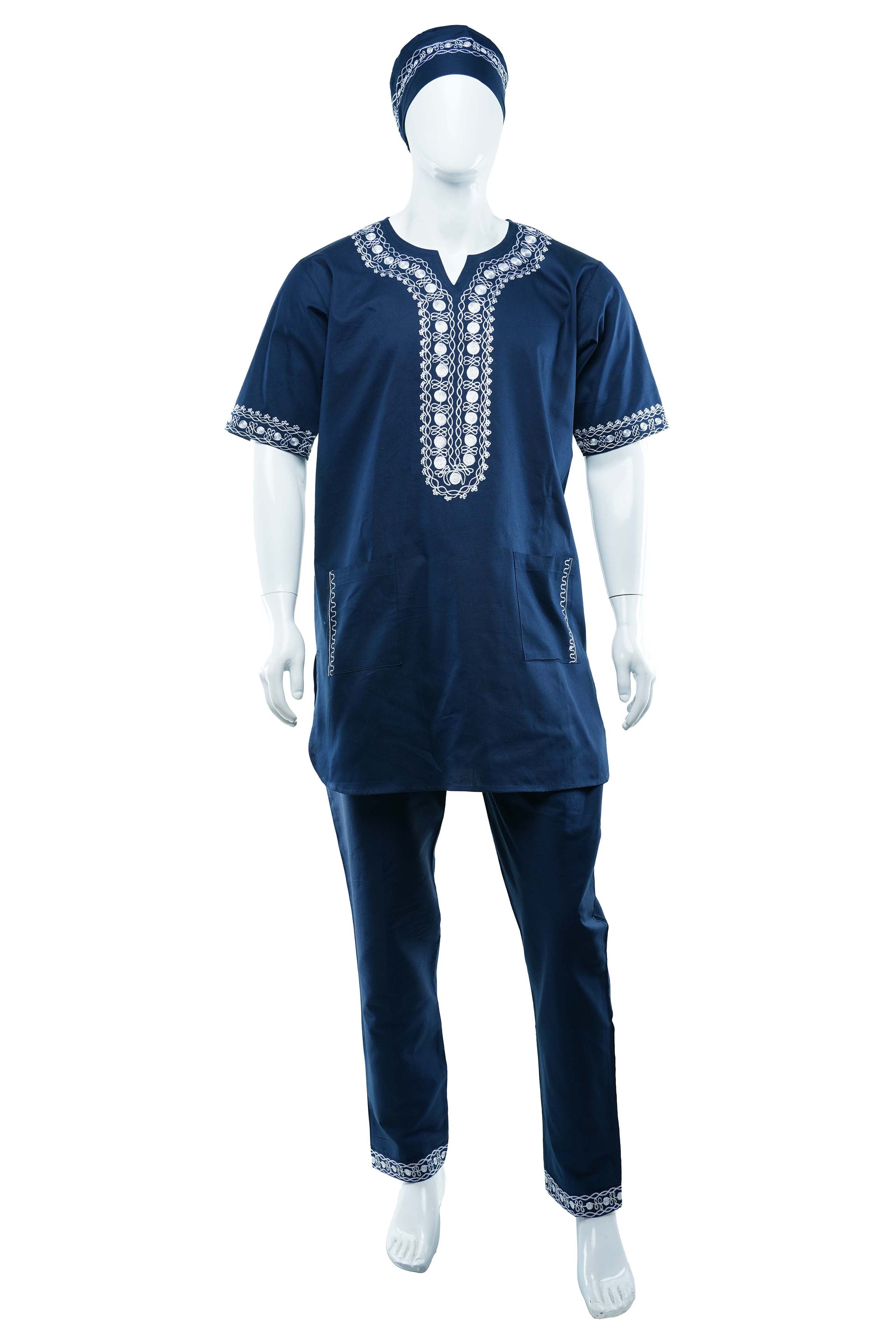 Men’s African Embroidered Top &amp; Pant Set w/ Hat – 3pc Outfit 3XL