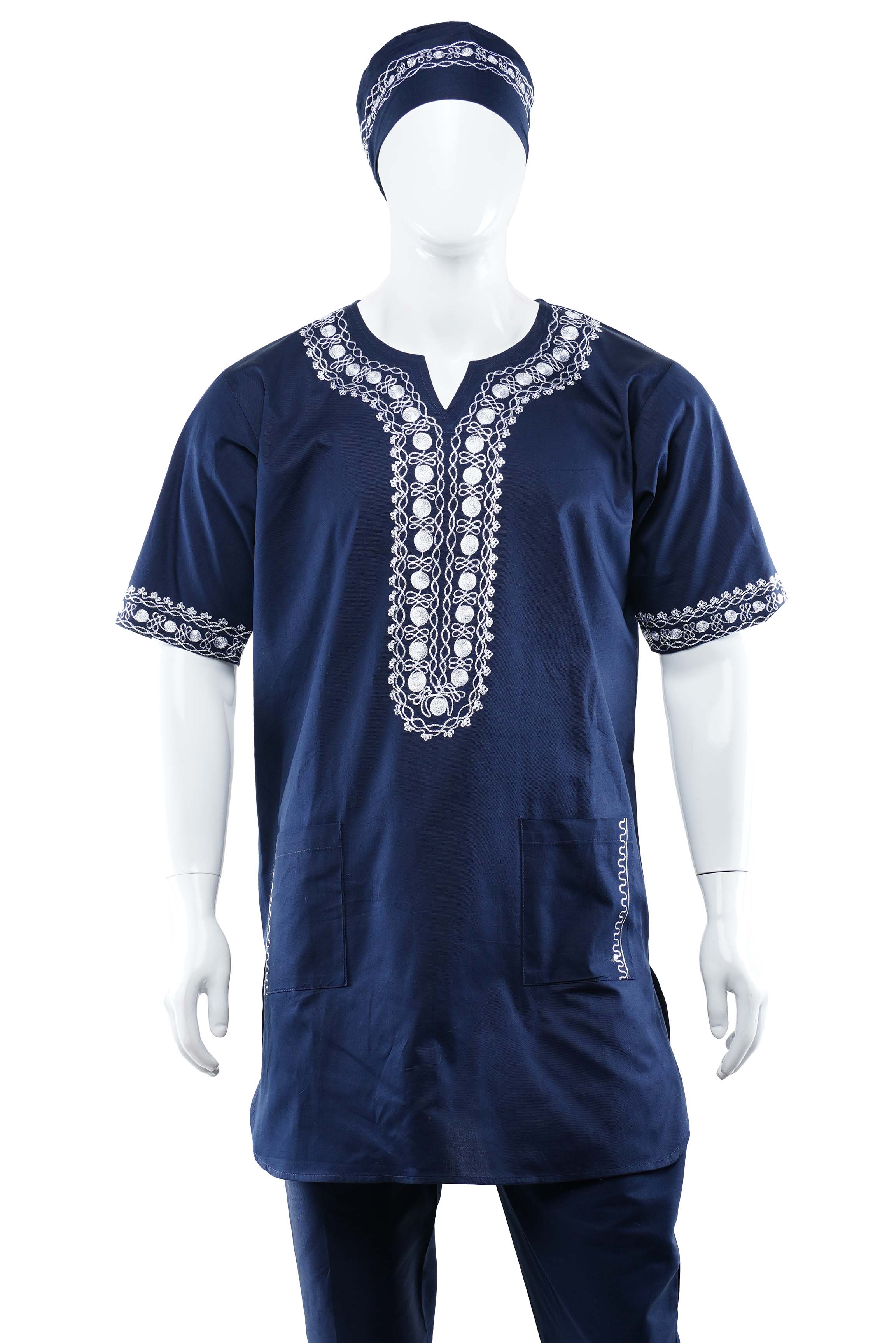 Men’s African Embroidered Top &amp; Pant Set w/ Hat – 3pc Outfit 3XL