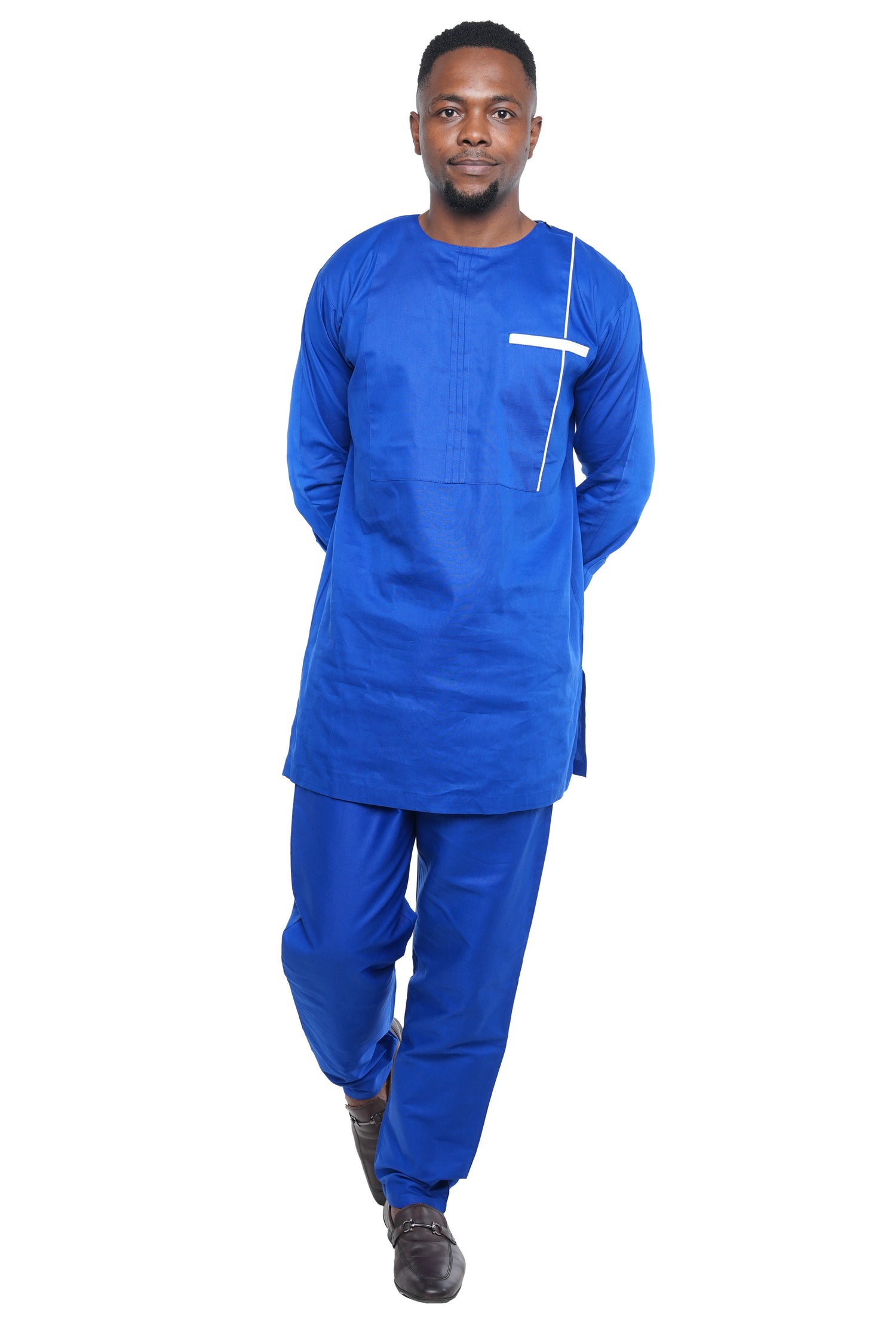African men’s patchwork top and pant set with full sleeves and drawstring pants