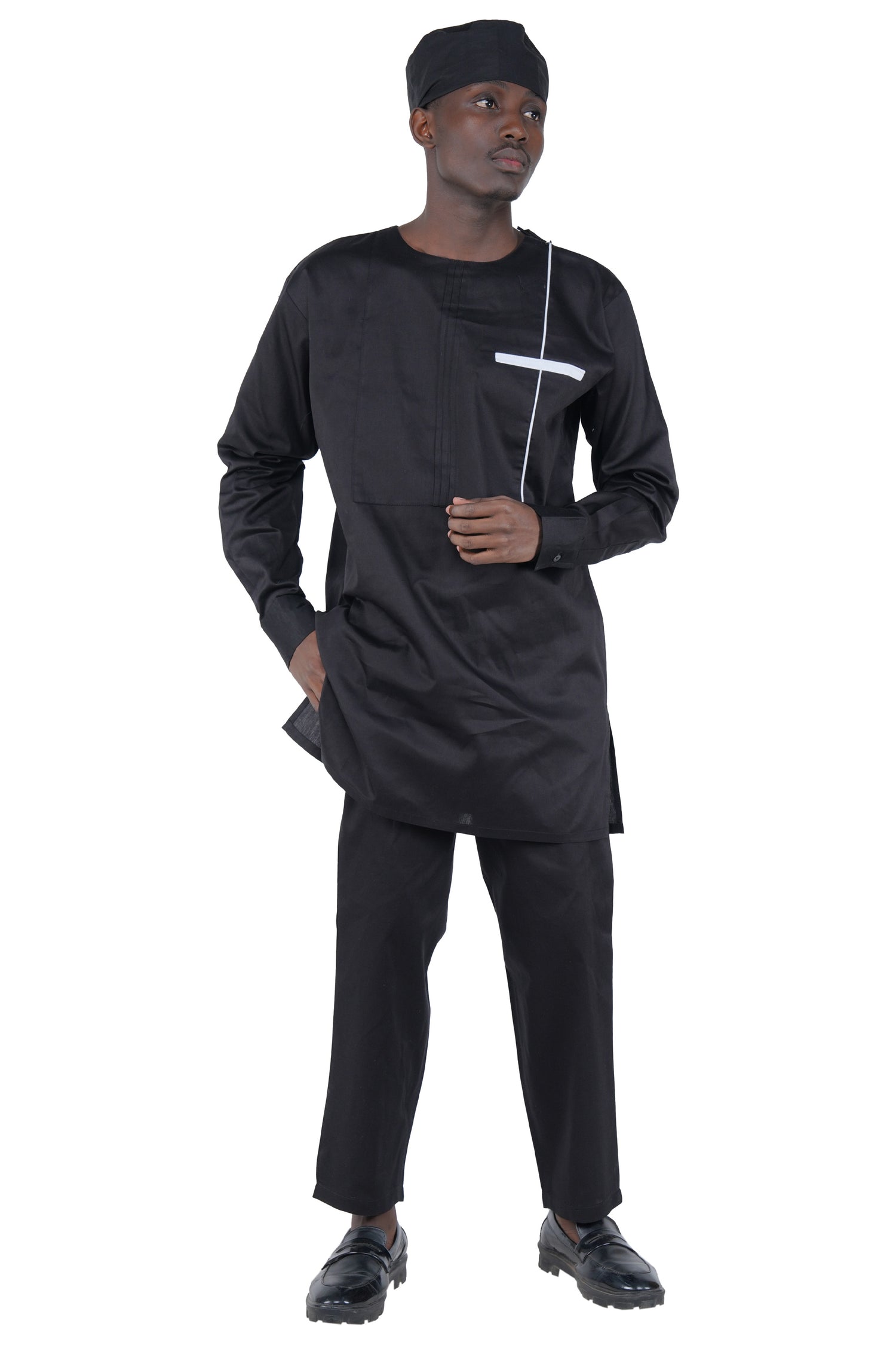 Black Top, Pant &amp; Hat Set for Men | Long Sleeve 3 Piece Outfit with Pockets