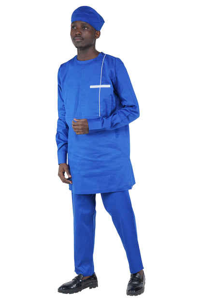 Royal Blue Top, Pant &amp; Hat Set for Men | Long Sleeve 3 Piece Outfit with Pockets