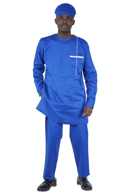 Royal Blue Top, Pant &amp; Hat Set for Men | Long Sleeve 3 Piece Outfit with Pockets