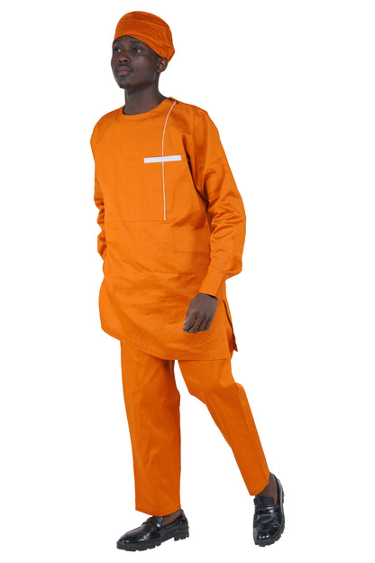 Brown Top, Pant &amp; Hat Set for Men | Long Sleeve 3 Piece Outfit with Pockets