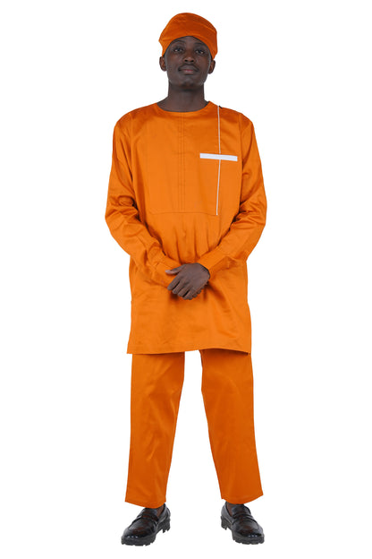Brown Top, Pant &amp; Hat Set for Men | Long Sleeve 3 Piece Outfit with Pockets
