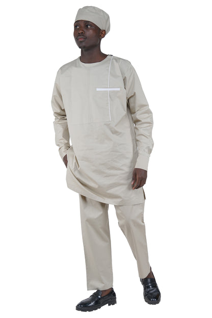Off White Top, Pant &amp; Hat Set for Men | Long Sleeve 3 Piece Outfit with Pockets