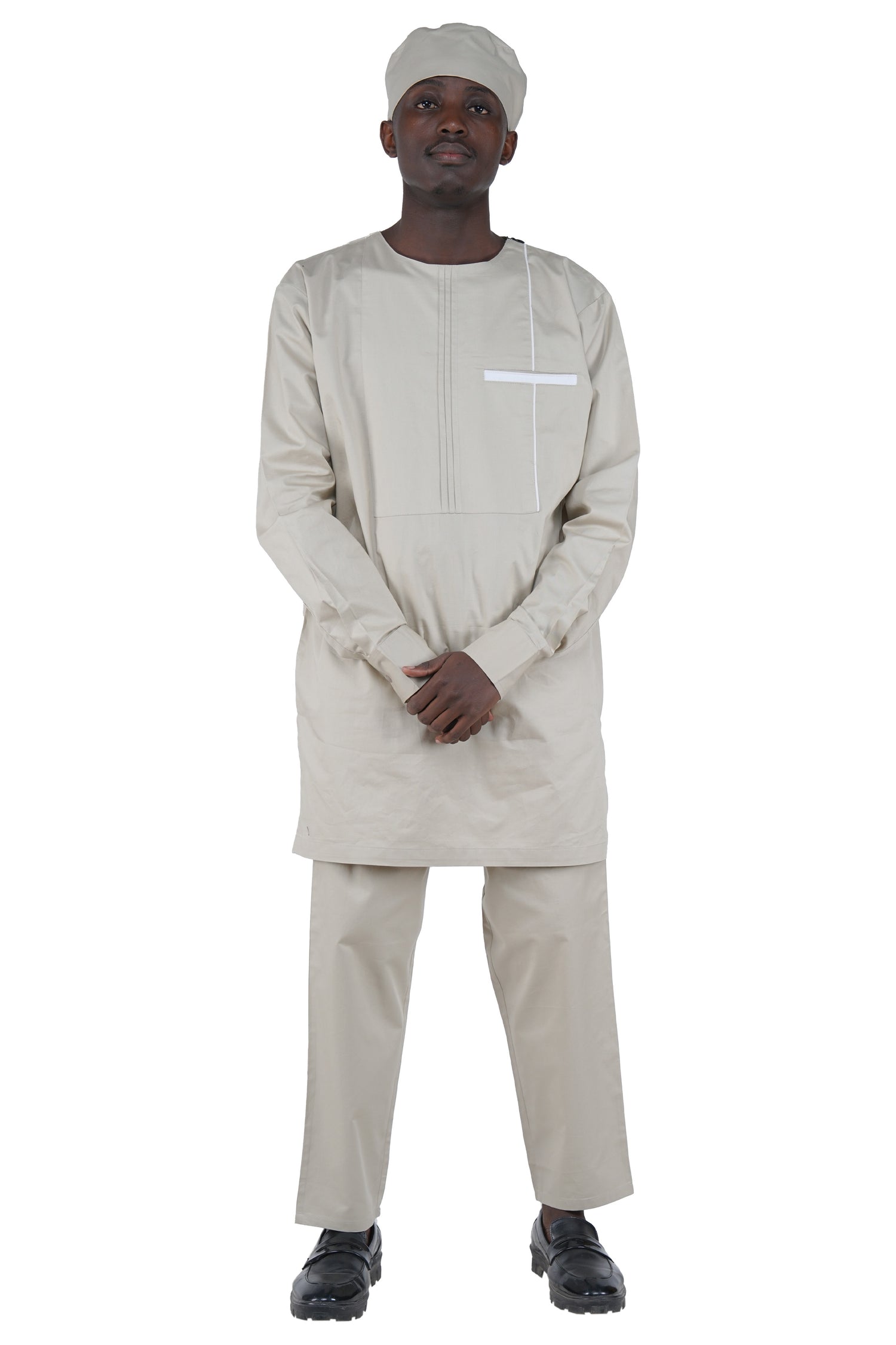 Off White Top, Pant &amp; Hat Set for Men | Long Sleeve 3 Piece Outfit with Pockets