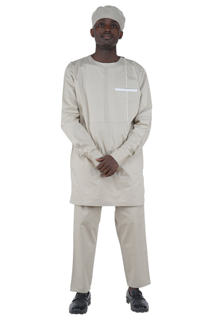 Off White Top, Pant &amp; Hat Set for Men | Long Sleeve 3 Piece Outfit with Pockets