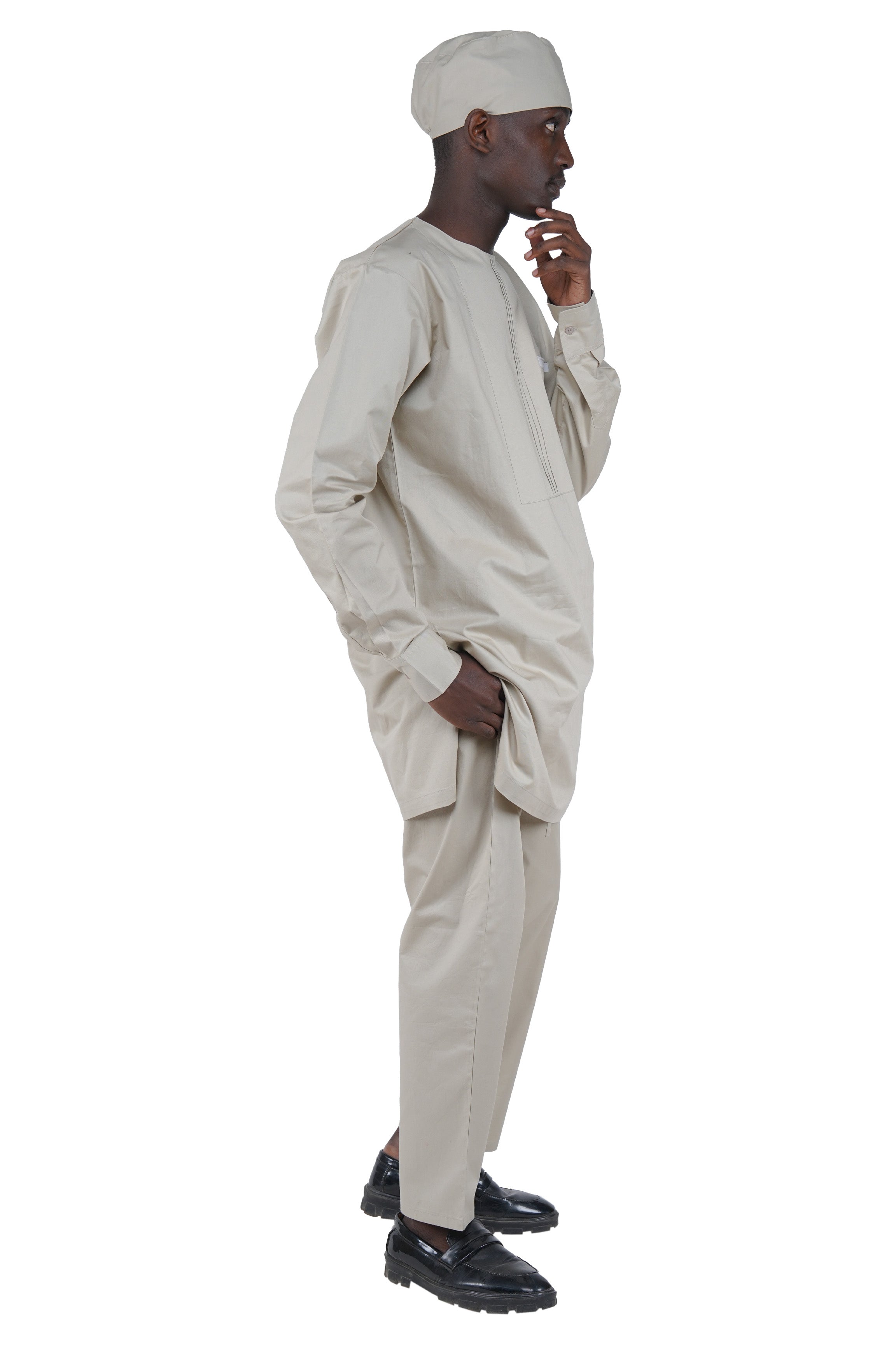 Off White Top, Pant &amp; Hat Set for Men | Long Sleeve 3 Piece Outfit with Pockets
