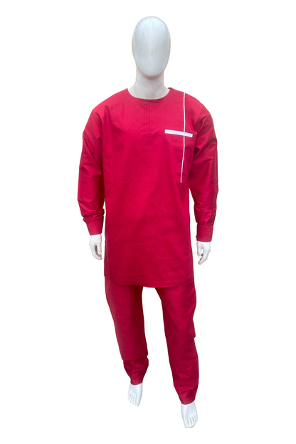 Maroon Patchwork Top &amp; Pant Set for Men | Full Sleeve 2 Piece Outfit with Pockets