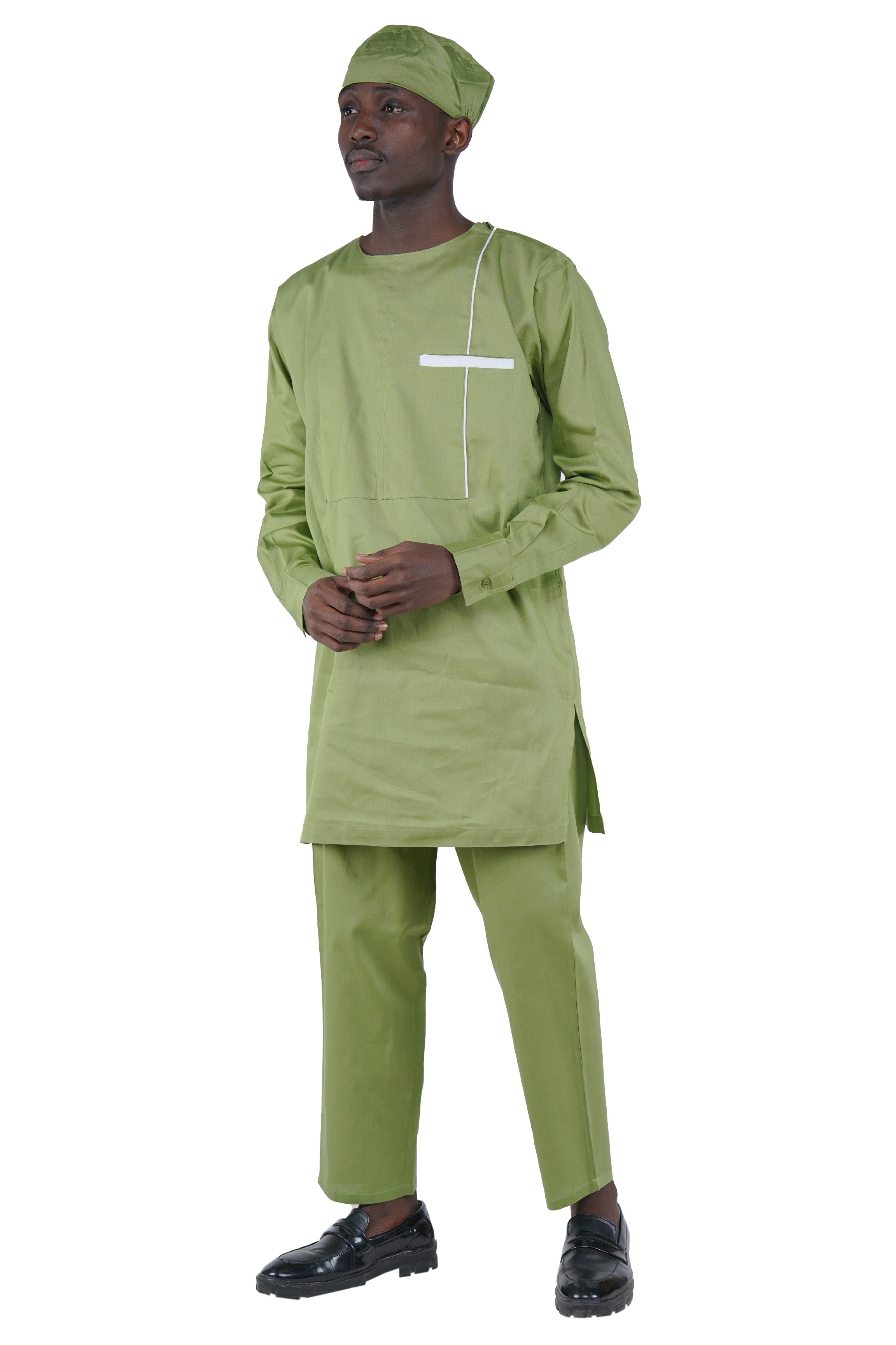 Olive Green Top, Pant &amp; Hat Set for Men | Long Sleeve 3 Piece Outfit with Pockets