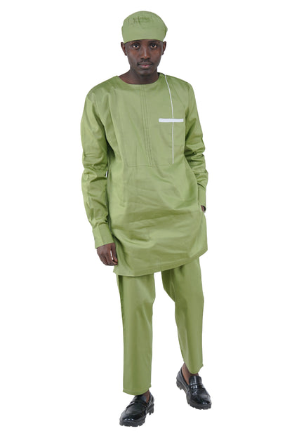 Olive Green Top, Pant &amp; Hat Set for Men | Long Sleeve 3 Piece Outfit with Pockets