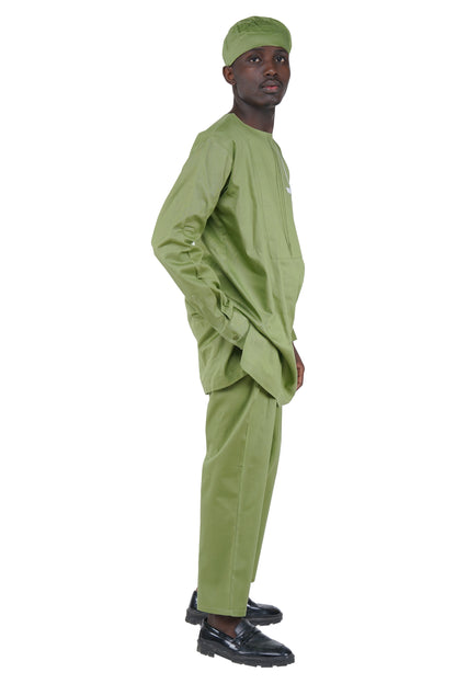 Olive Green Top, Pant &amp; Hat Set for Men | Long Sleeve 3 Piece Outfit with Pockets