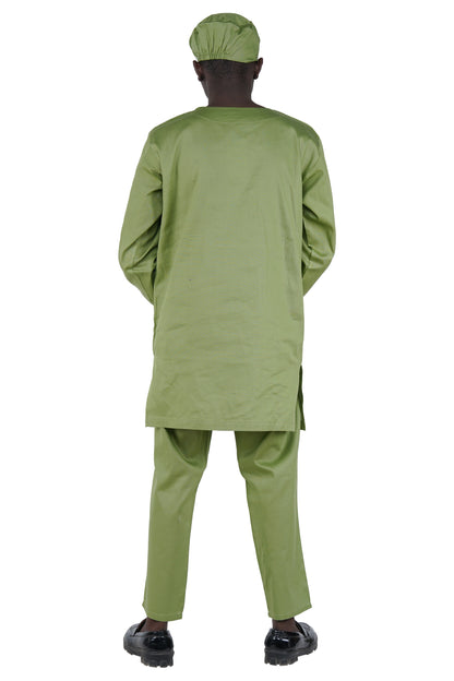 Olive Green Top, Pant &amp; Hat Set for Men | Long Sleeve 3 Piece Outfit with Pockets