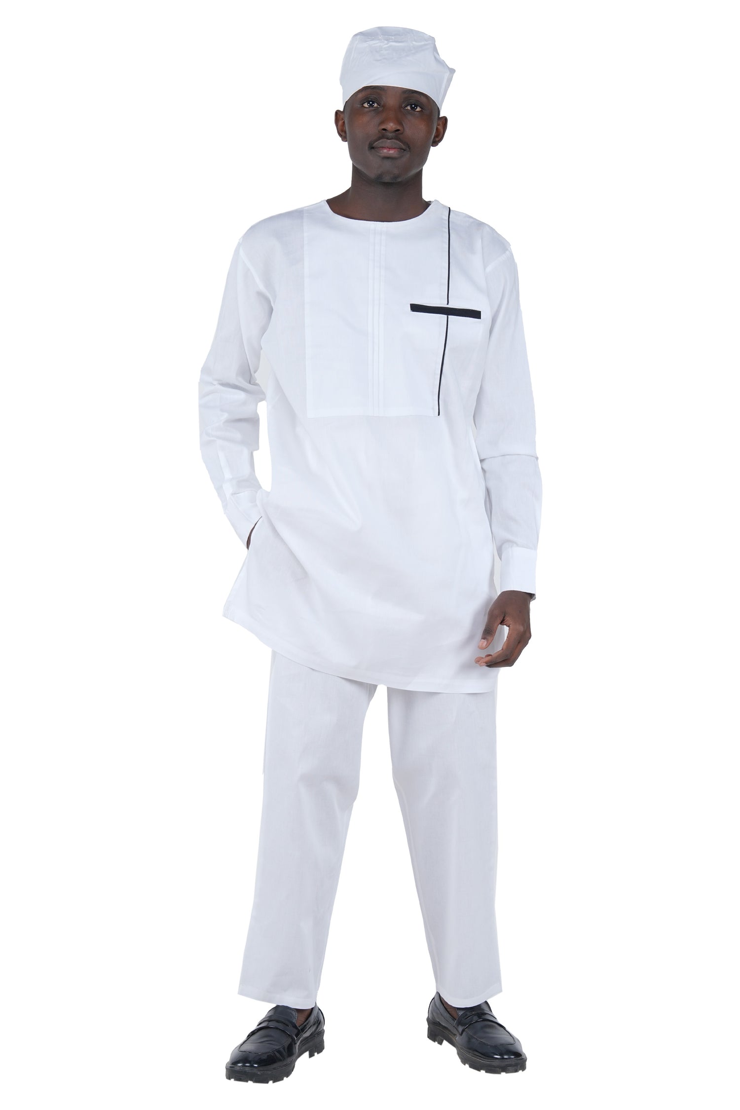 White Top, Pant &amp; Hat Set for Men | Long Sleeve 3 Piece Outfit with Pockets