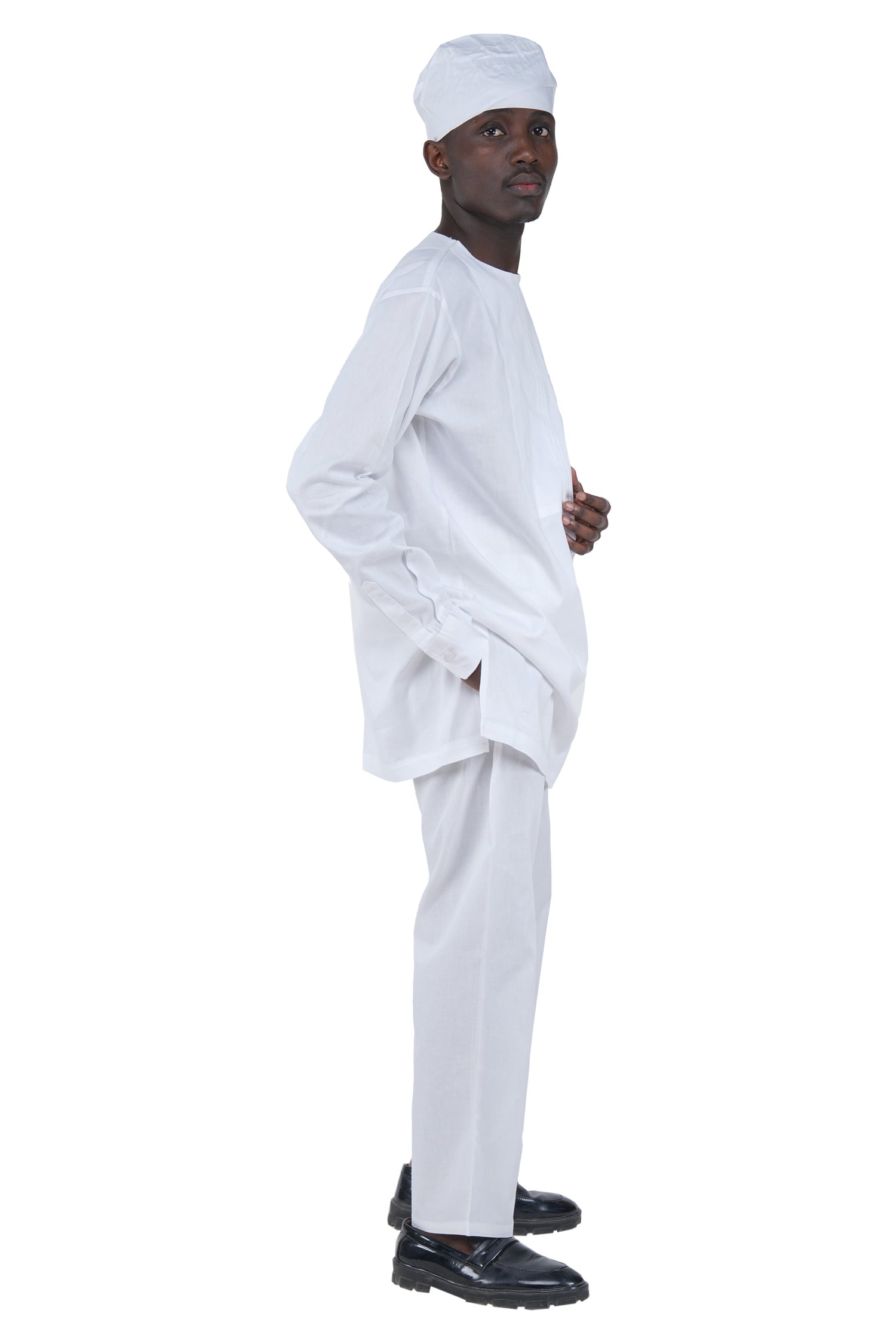 White Top, Pant &amp; Hat Set for Men | Long Sleeve 3 Piece Outfit with Pockets