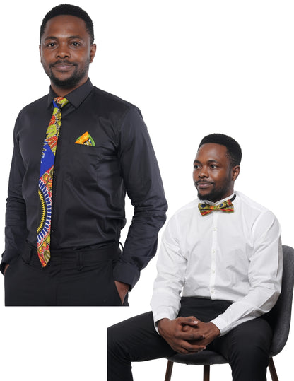 African Men’s Neck Tie, Bow Tie &amp; Pocket Square Set | African Print Formal Wear