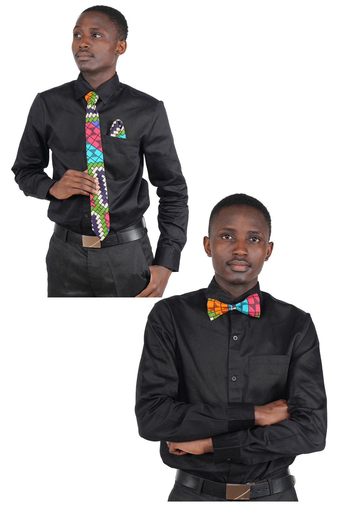 African Men’s Neck Tie, Bow Tie &amp; Pocket Square Set | African Print Formal Wear
