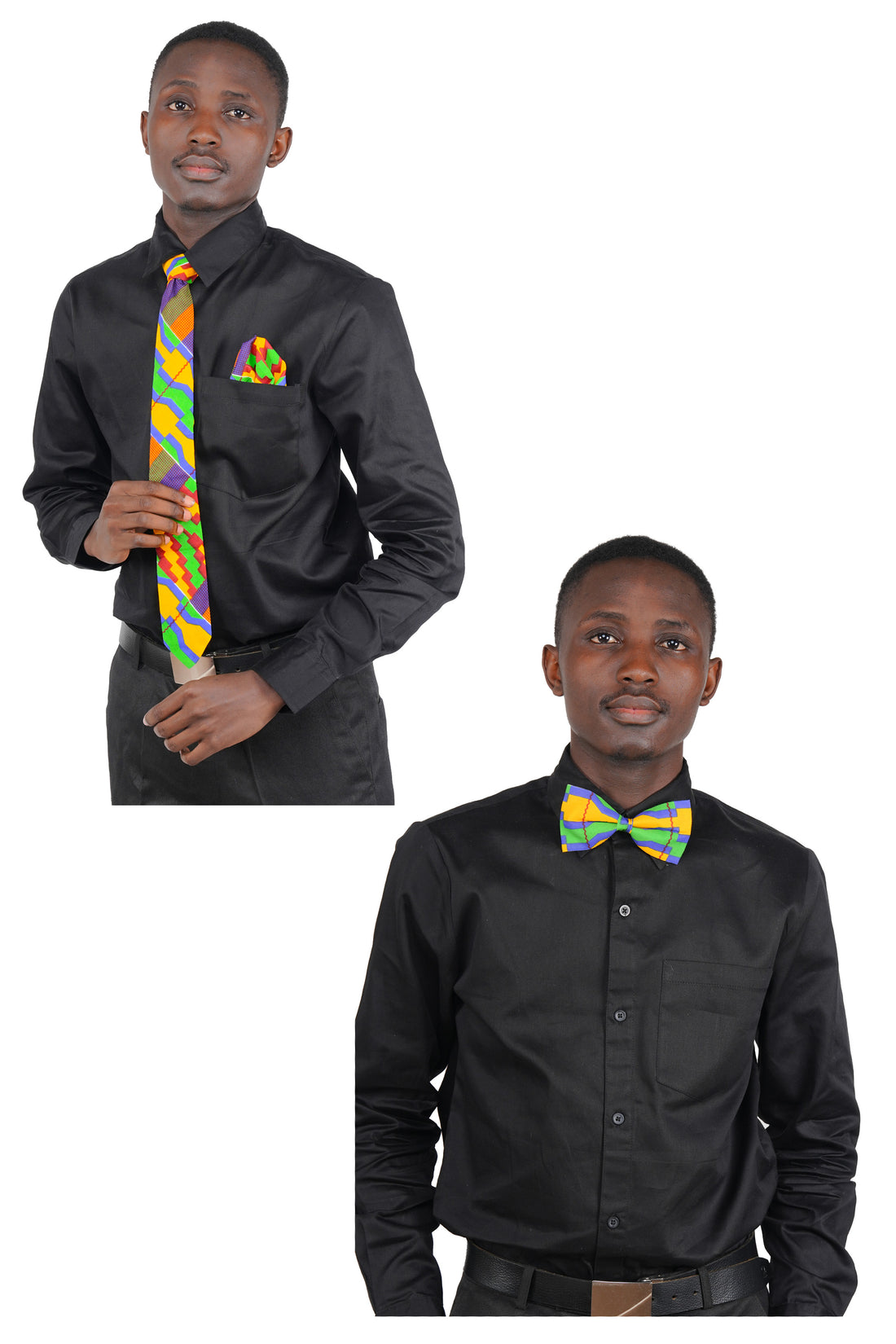African Men’s Neck Tie, Bow Tie &amp; Pocket Square Set | African Print Formal Wear