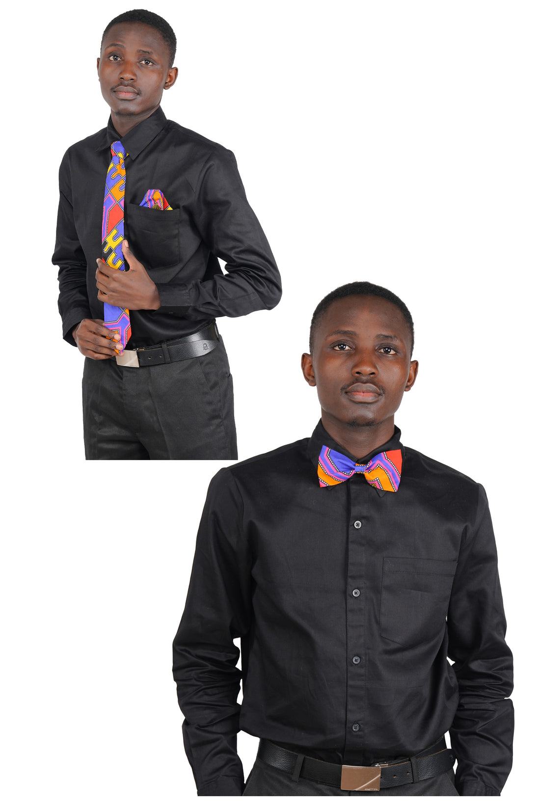 African Men’s Neck Tie, Bow Tie &amp; Pocket Square Set | African Print Formal Wear