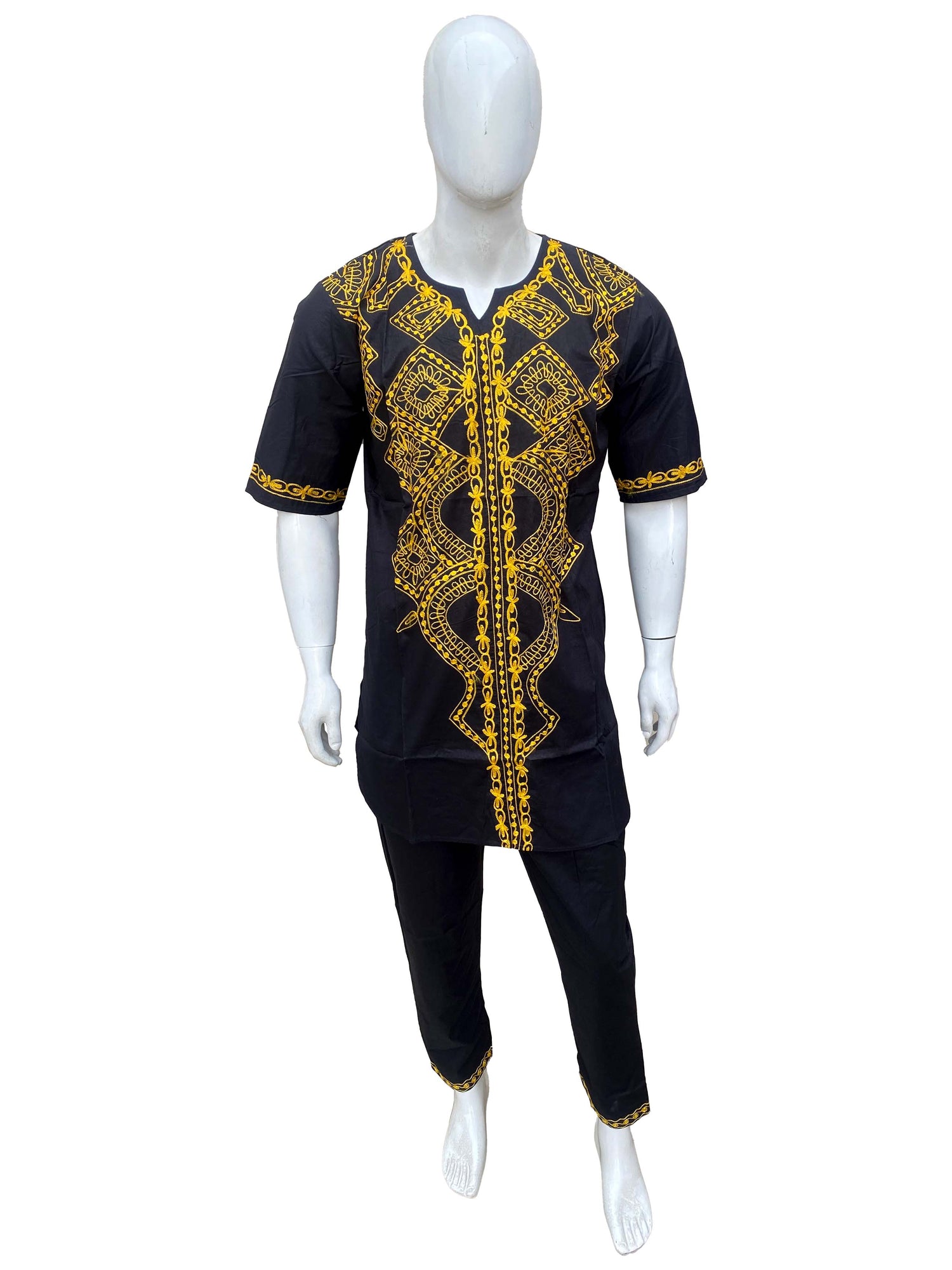 Men’s African Embroidered Top &amp; Pant Set w/ Hat – 2pc Outfit M