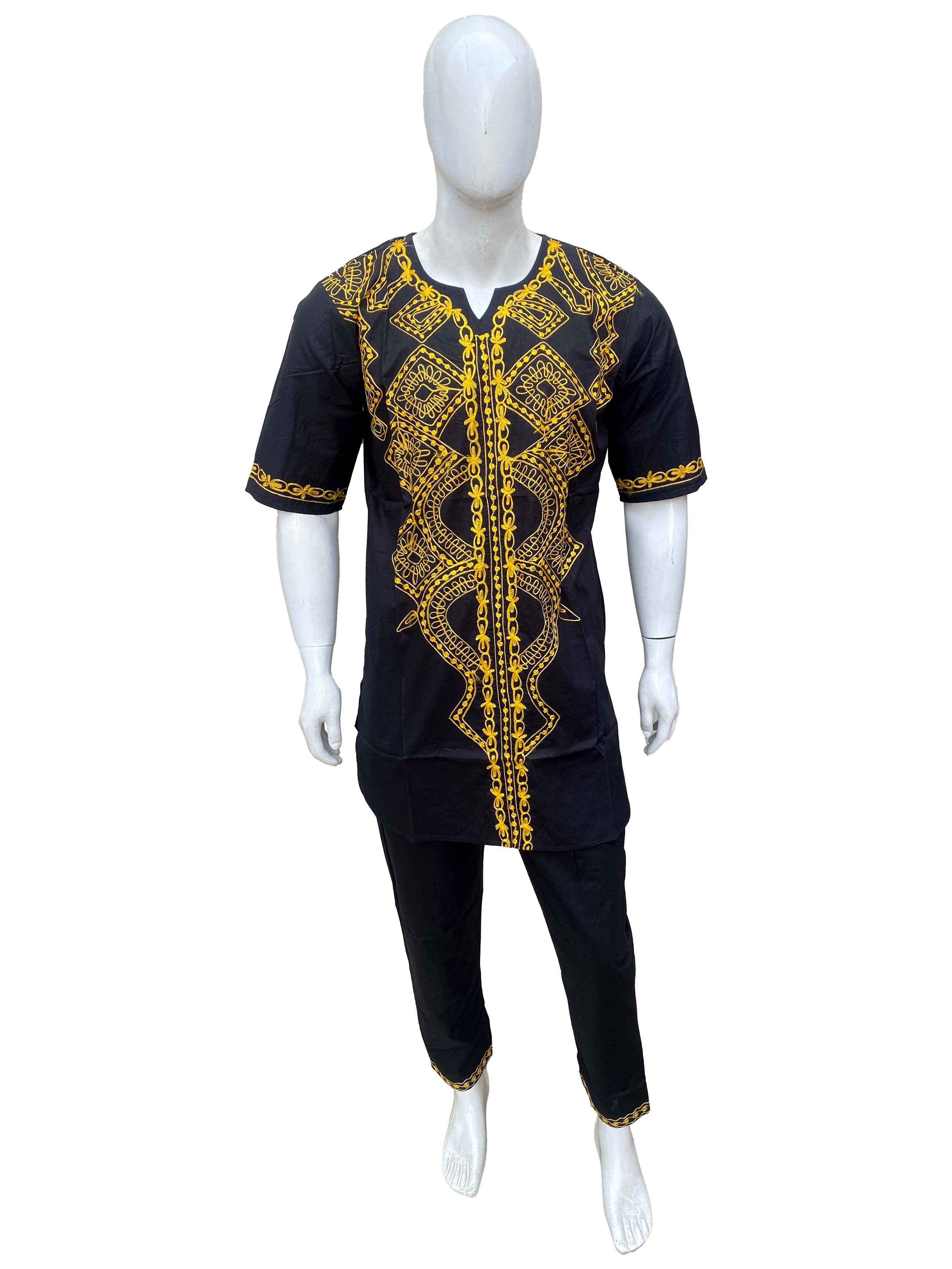 Men’s African Embroidered Top &amp; Pant Set w/ Hat – 2pc Outfit M