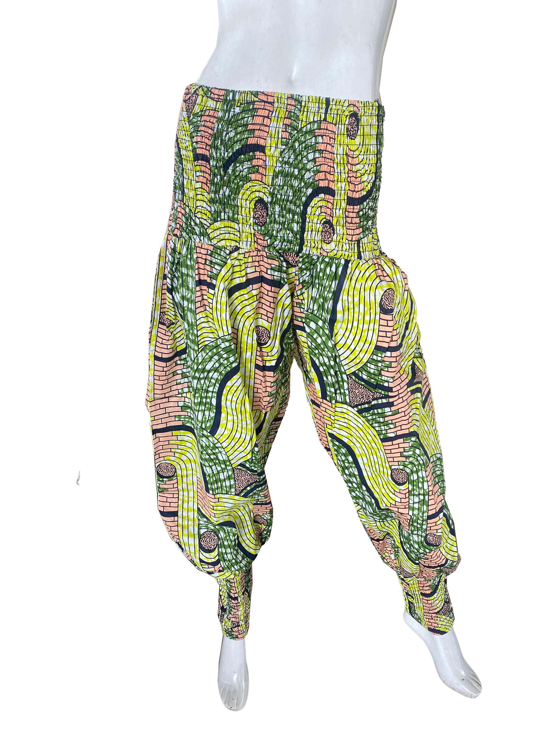 African Smocked Waist Harem Pants 100% Cotton with Pockets &amp; Head Wrap One Size