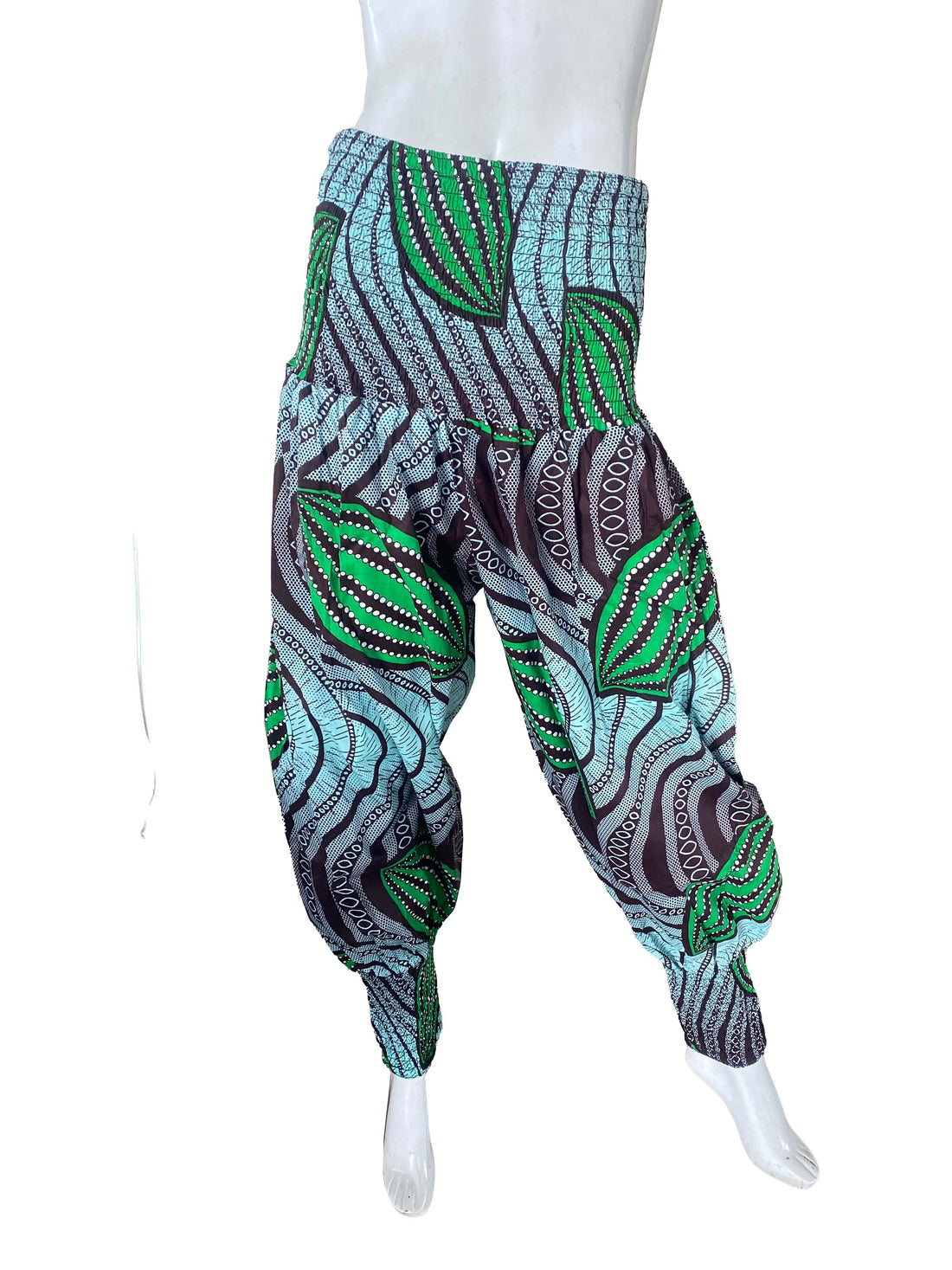 African Smocked Waist Harem Pants 100% Cotton with Pockets &amp; Head Wrap One Size