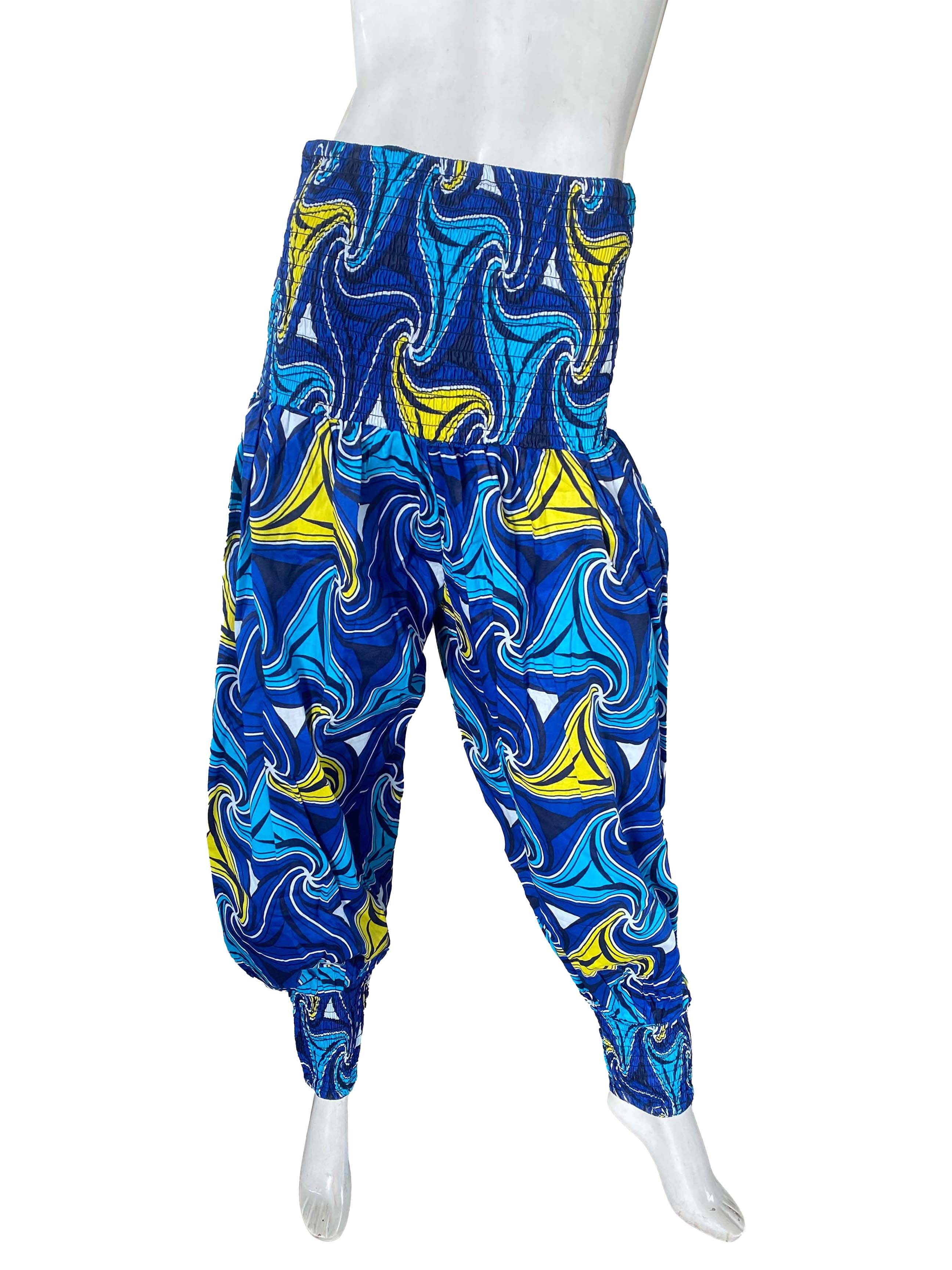African Smocked Waist Harem Pants 100% Cotton with Pockets &amp; Head Wrap One Size