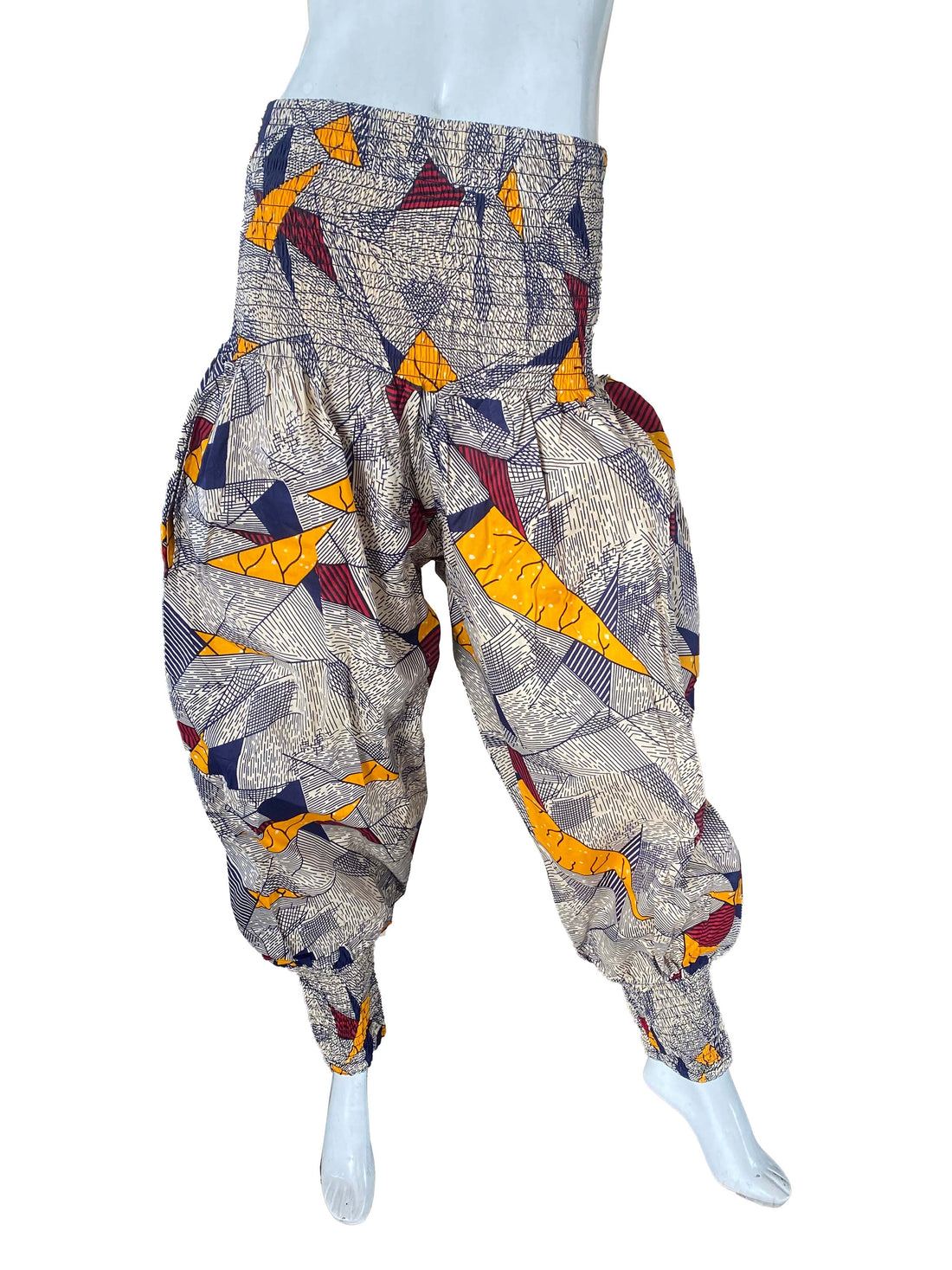 African Smocked Waist Harem Pants 100% Cotton with Pockets &amp; Head Wrap One Size