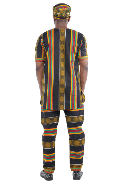 Men’s African Embroidered Top &amp; Pant Set w/ Hat – 2pc Outfit M–5XL