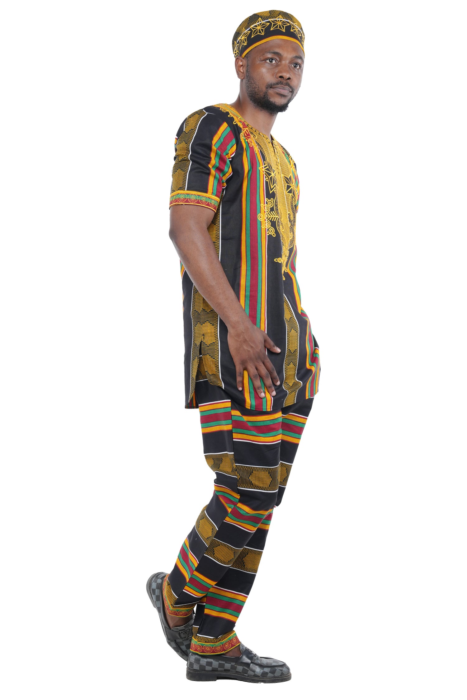 Men’s African Embroidered Top &amp; Pant Set w/ Hat – 2pc Outfit M–5XL