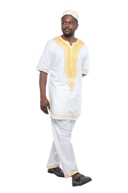 Men’s African Embroidered Top &amp; Pant Set w/ Hat – 2pc Outfit 4XL–5XL