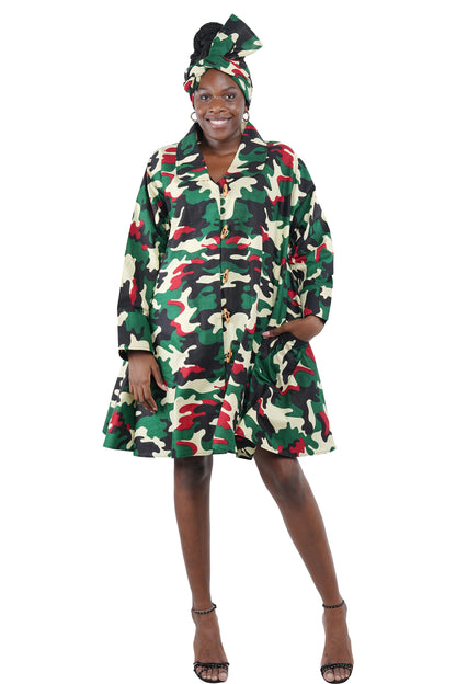 African Women Button Up Swing Dress with Head Wrap &amp; Pockets – Cotton