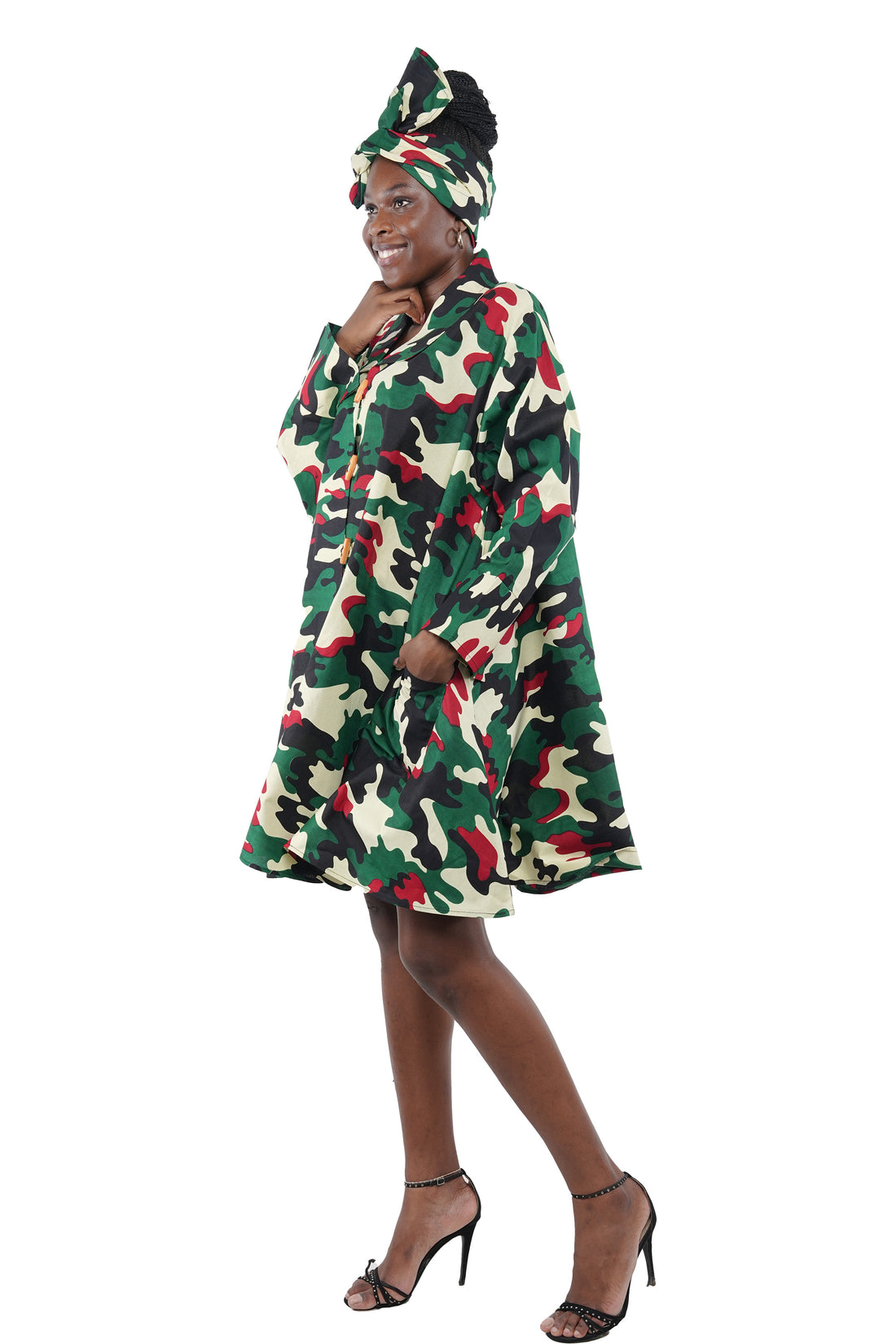 African Women Button Up Swing Dress with Head Wrap &amp; Pockets – Cotton