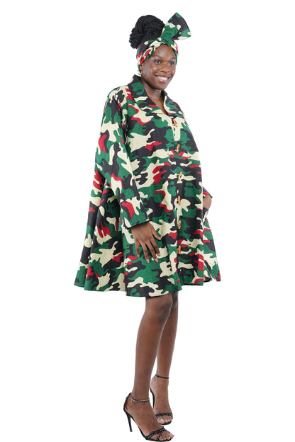 African Women Button Up Swing Dress with Head Wrap &amp; Pockets – Cotton