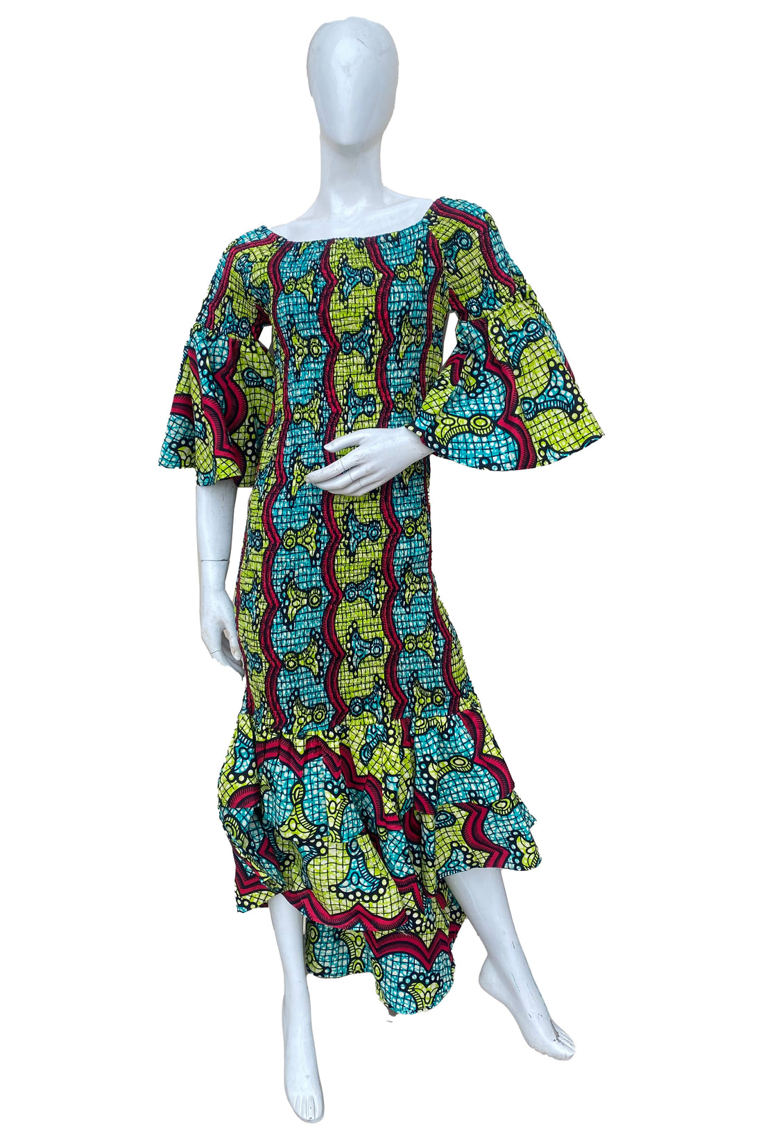 African high low mermaid dress with fishtail hem and headwrap

Stretch cotton smocked bodice African dress floor length

Afrocentric long fishtail dress one size fits most

