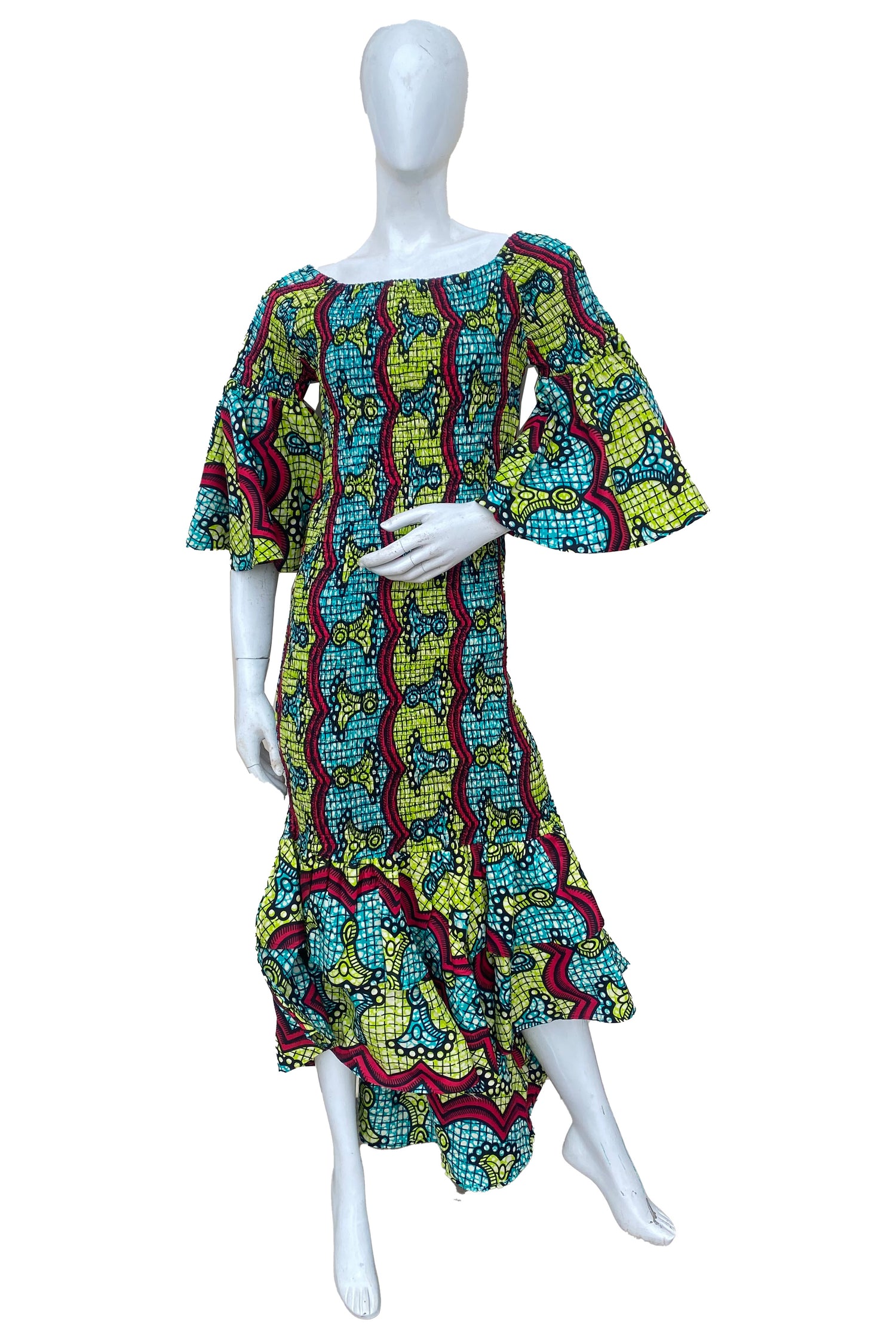 African high low mermaid dress with fishtail hem and headwrap

Stretch cotton smocked bodice African dress floor length

Afrocentric long fishtail dress one size fits most

