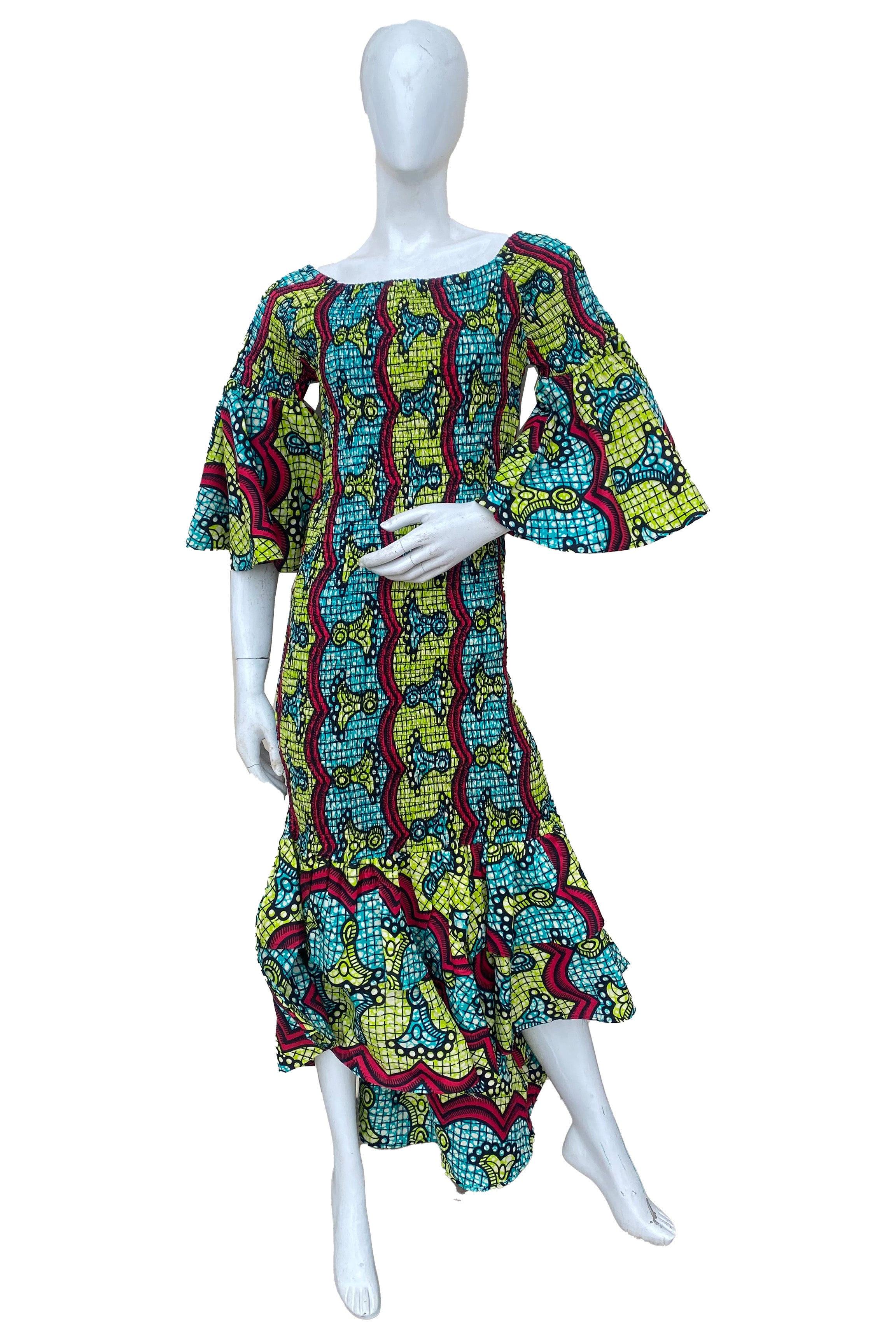 African high low mermaid dress with fishtail hem and headwrap

Stretch cotton smocked bodice African dress floor length

Afrocentric long fishtail dress one size fits most

