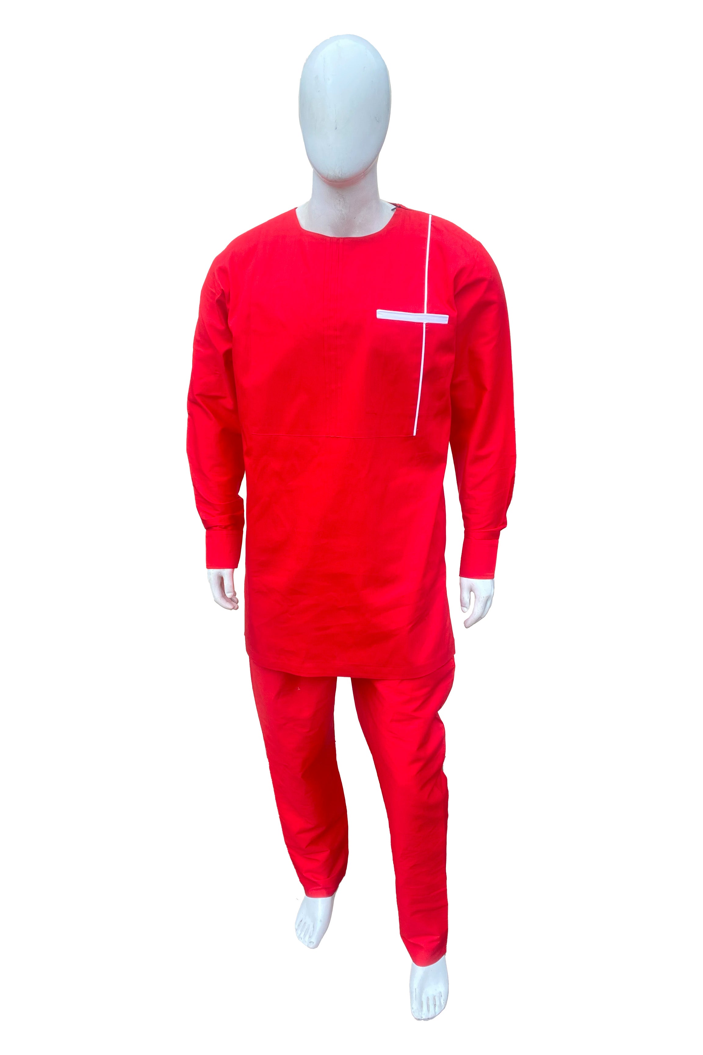 Red Patchwork Top &amp; Pant Set for Men | Full Sleeve 2 Piece Outfit with Pockets