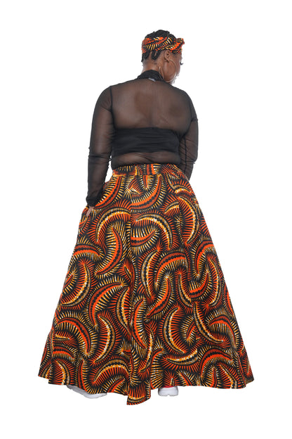 African Long Maxi Skirt 100% Cotton w/ Pockets &amp; Headwrap One Size 41” Length