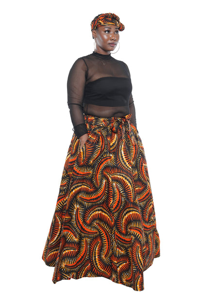 African Long Maxi Skirt 100% Cotton w/ Pockets &amp; Headwrap One Size 41” Length