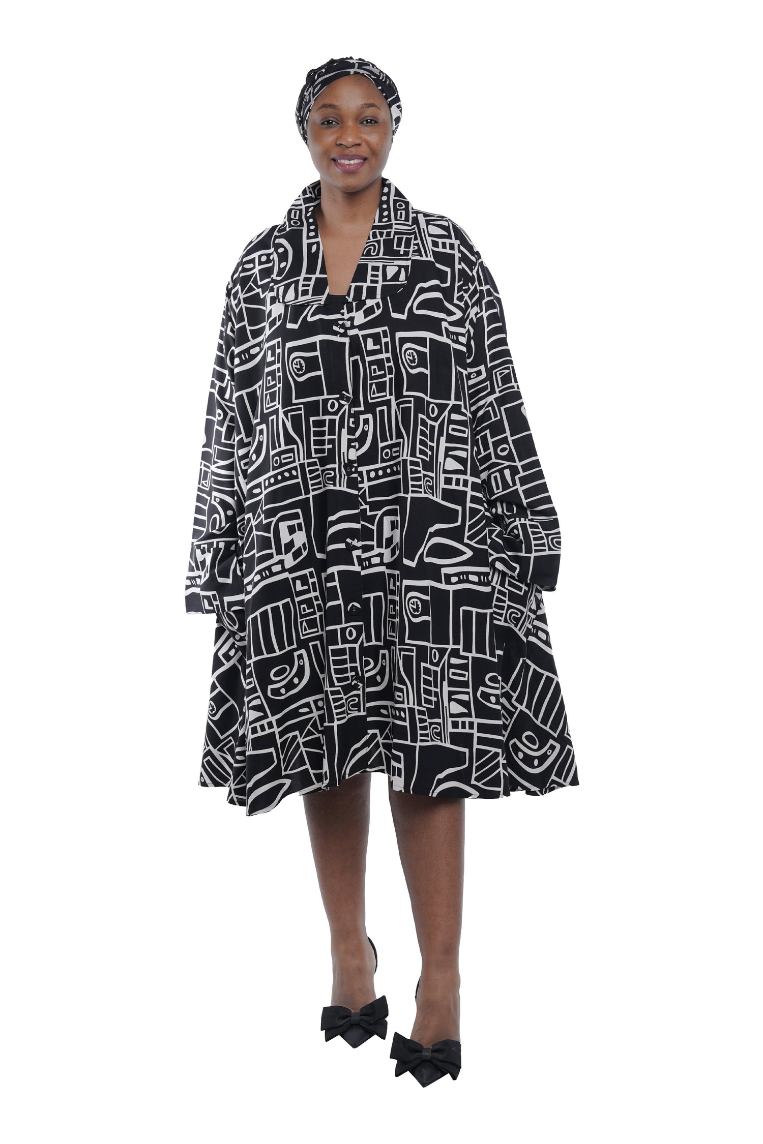 Black &amp; White Rayon Button Up Swing Dress